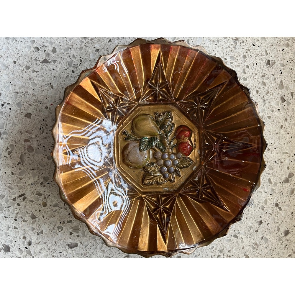 Marigold Carnival Glass Fruit Bowl Scalloped Iridescent Amber Dish